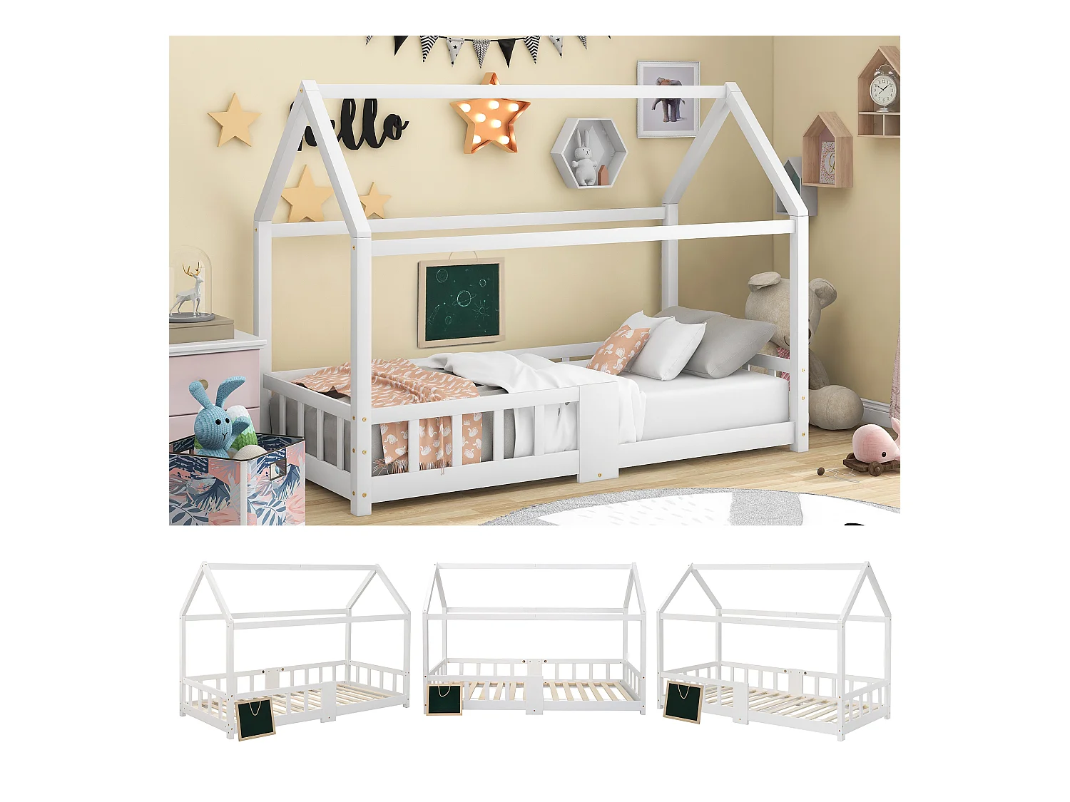 Lit enfant forme maison avec sommier à lattes et protection anti-chute, pin massif blanc, avec tableau effaçable (97x207x140.5cm)