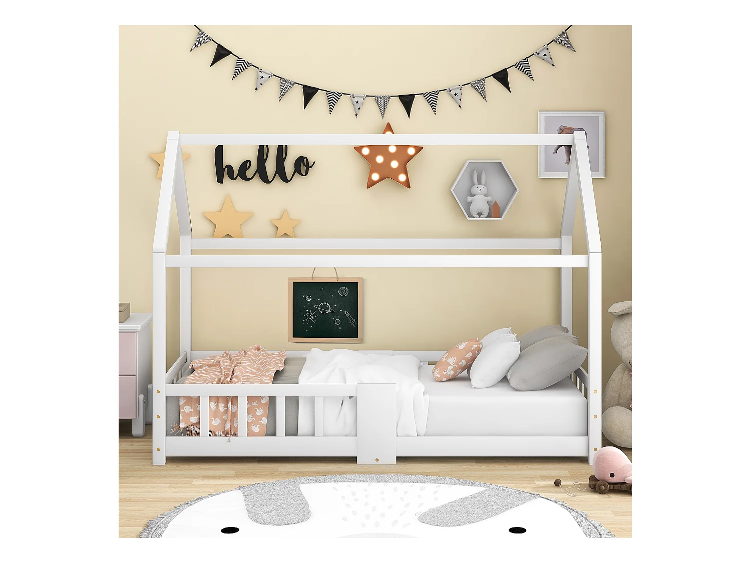 Lit enfant forme maison avec sommier à lattes et protection anti-chute, pin massif blanc, avec tableau effaçable (97x207x140.5cm)