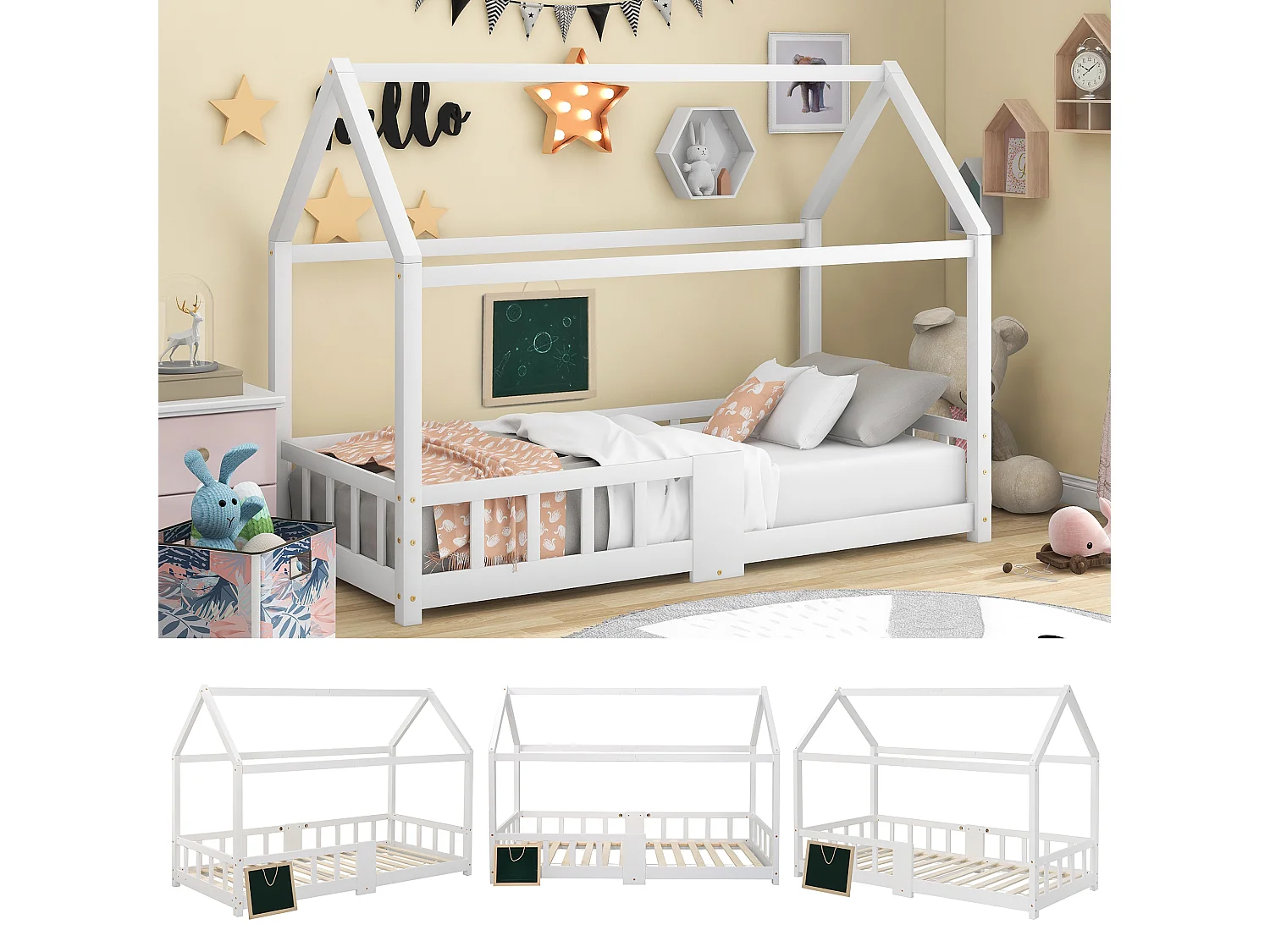 Lit enfant forme maison avec sommier à lattes et protection anti-chute, pin massif blanc, avec tableau effaçable (97x207x140.5cm)