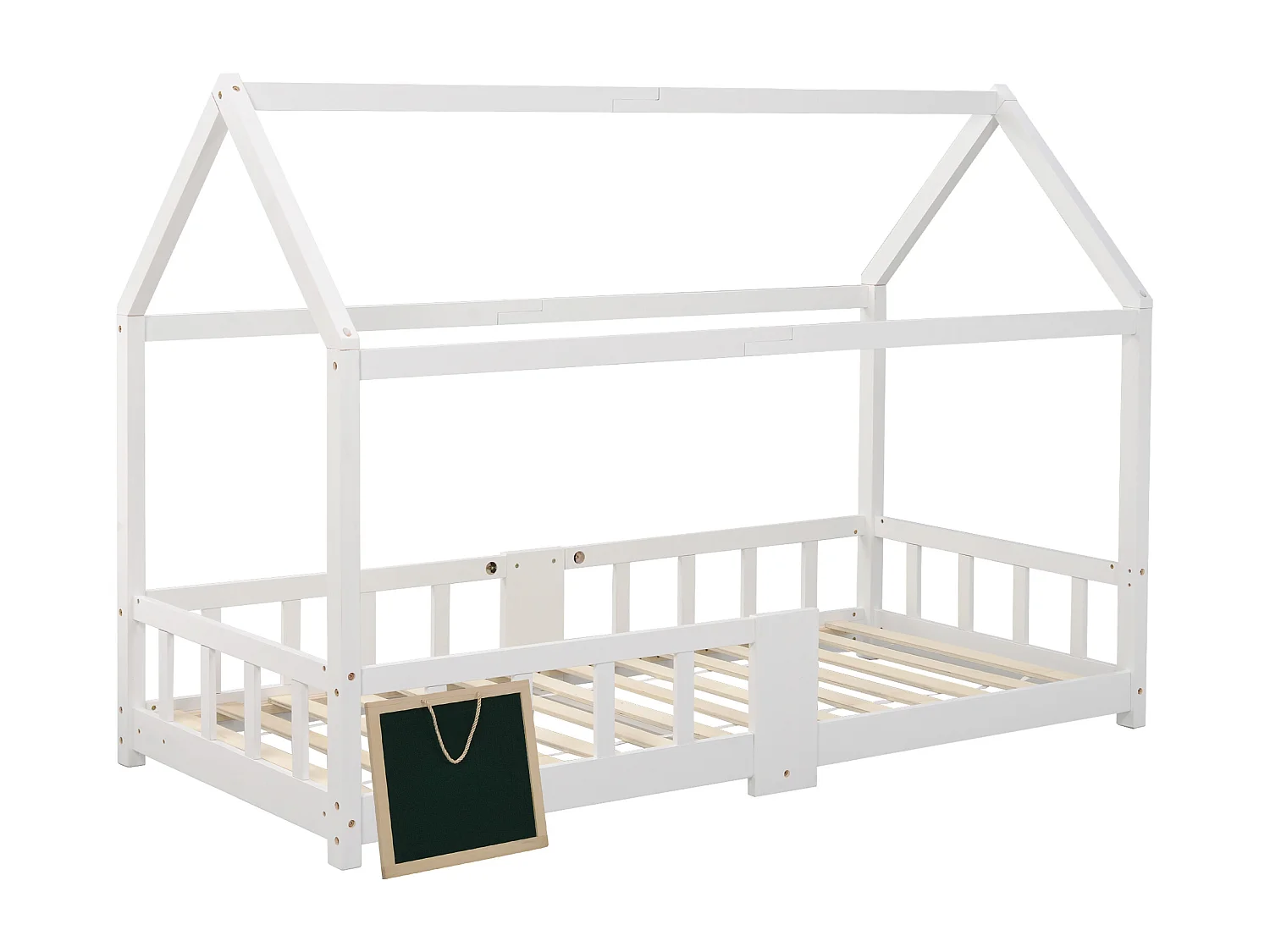 Lit enfant forme maison avec sommier à lattes et protection anti-chute, pin massif blanc, avec tableau effaçable (97x207x140.5cm)