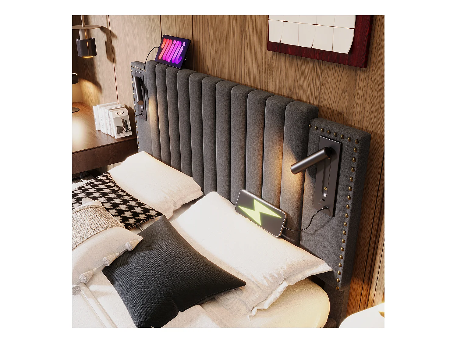 Lit double 160x200 avec rangement sous le lit, tête de lit avec éclairage LED et ports USB, coton gris (203x187x106 cm)