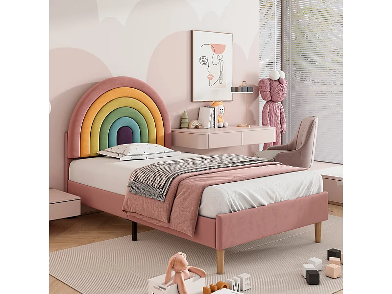 Bed met verstelbaar hoofdeinde, 90x200 cm, met lattenbodem, modern design, fluweel, roze