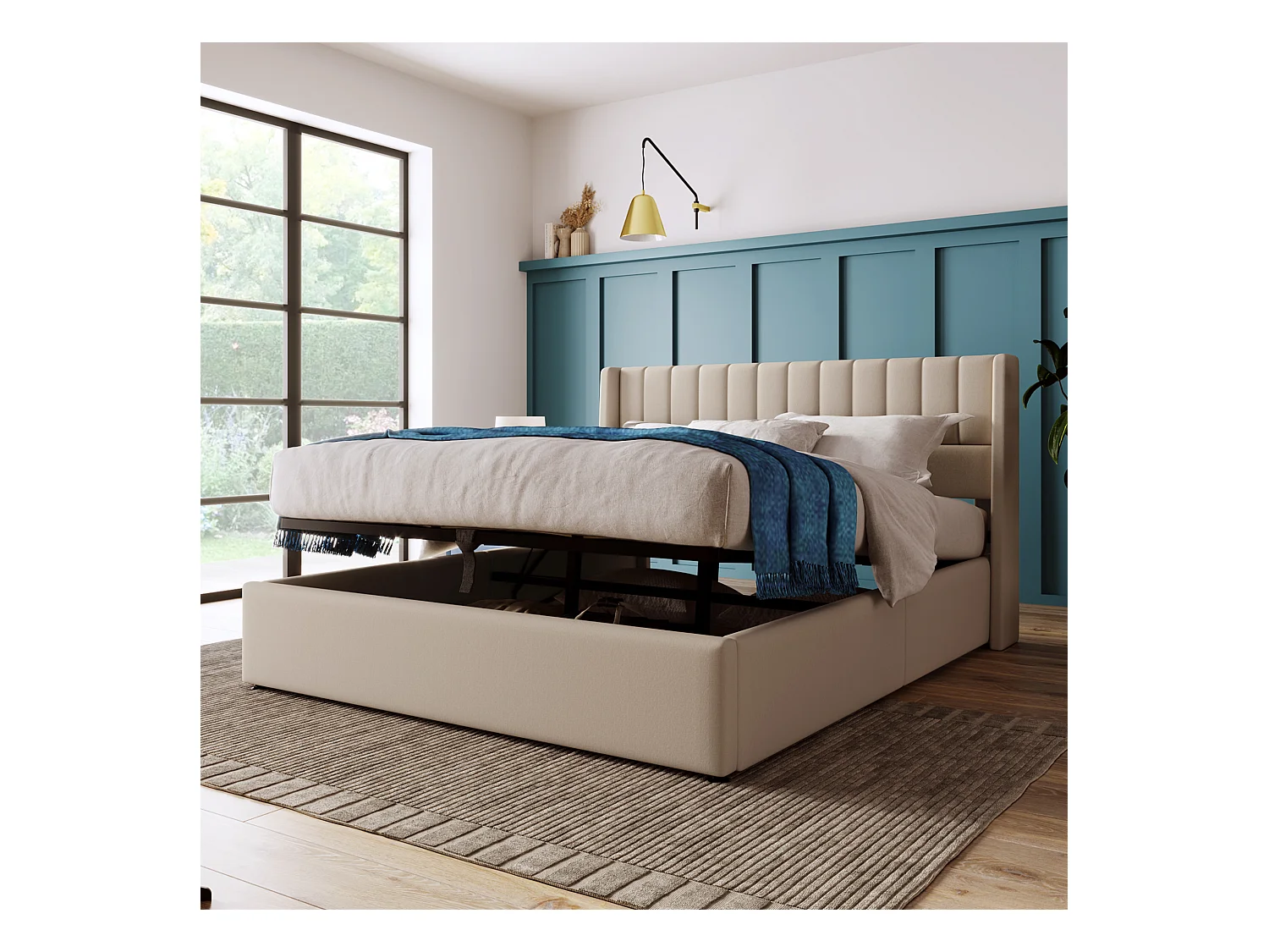 Lit coffre double avec sommier hydraulique, lin beige, cadre métal et bois (186x208x107cm)