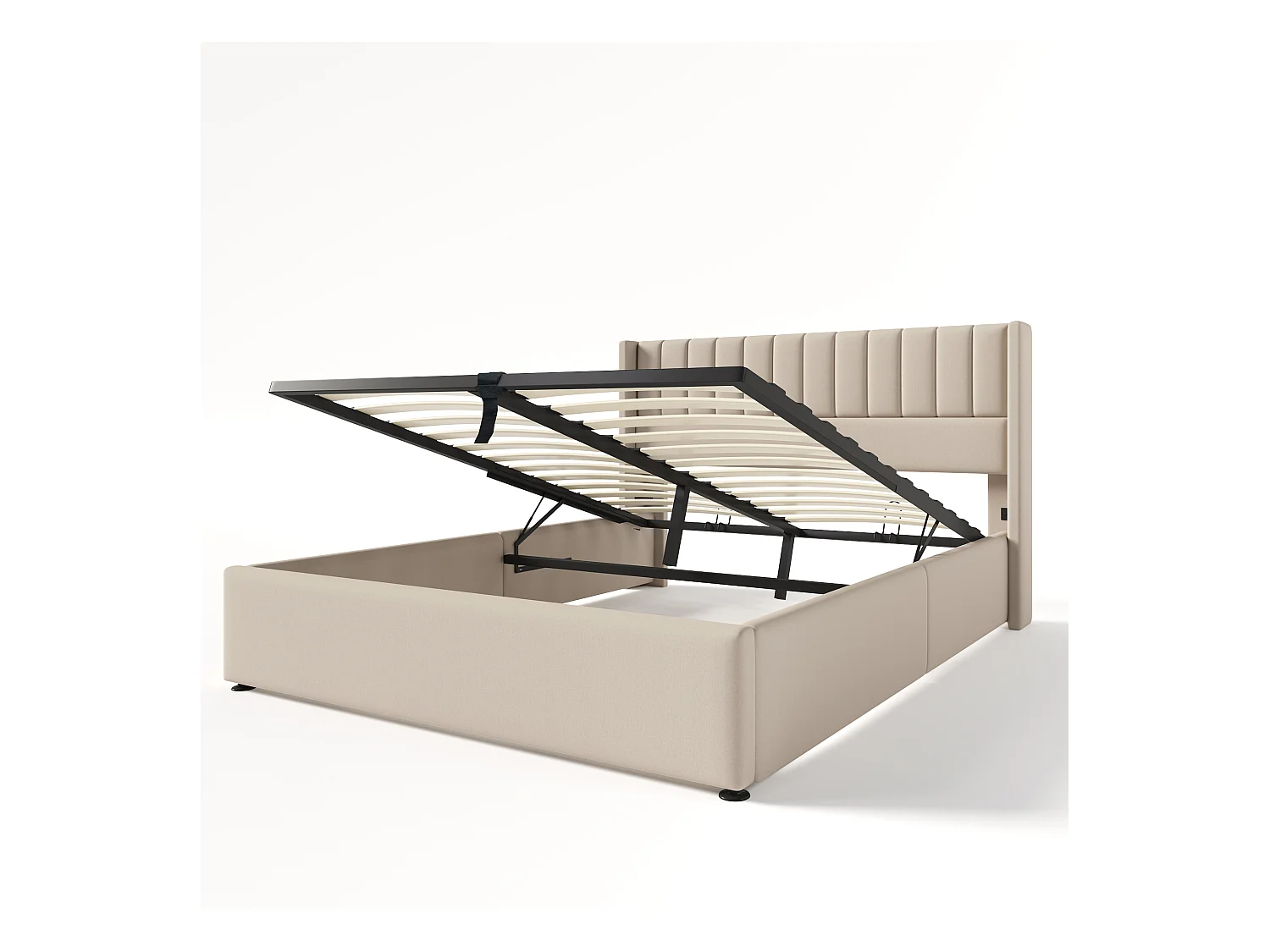 Lit coffre double avec sommier hydraulique, lin beige, cadre métal et bois (186x208x107cm)