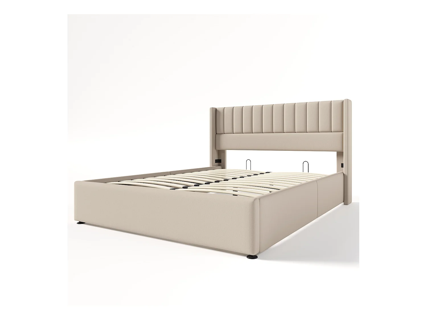 Lit coffre double avec sommier hydraulique, lin beige, cadre métal et bois (186x208x107cm)