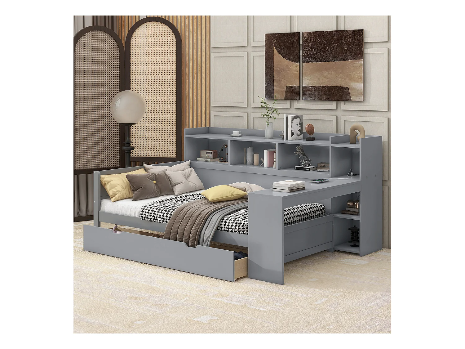 Lit convertible, 90x200 cm, avec table de nuit, prises USB et 2 tiroirs, en aggloméré, gris (229.5x121.8x110 cm)