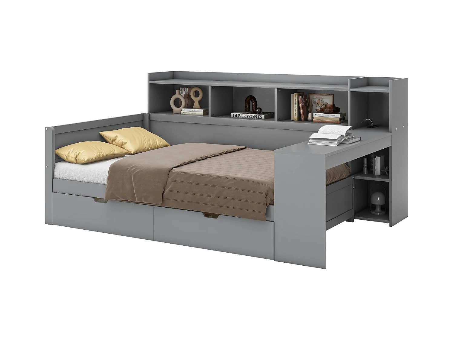 Lit convertible, 90x200 cm, avec table de nuit, prises USB et 2 tiroirs, en aggloméré, gris (229.5x121.8x110 cm)