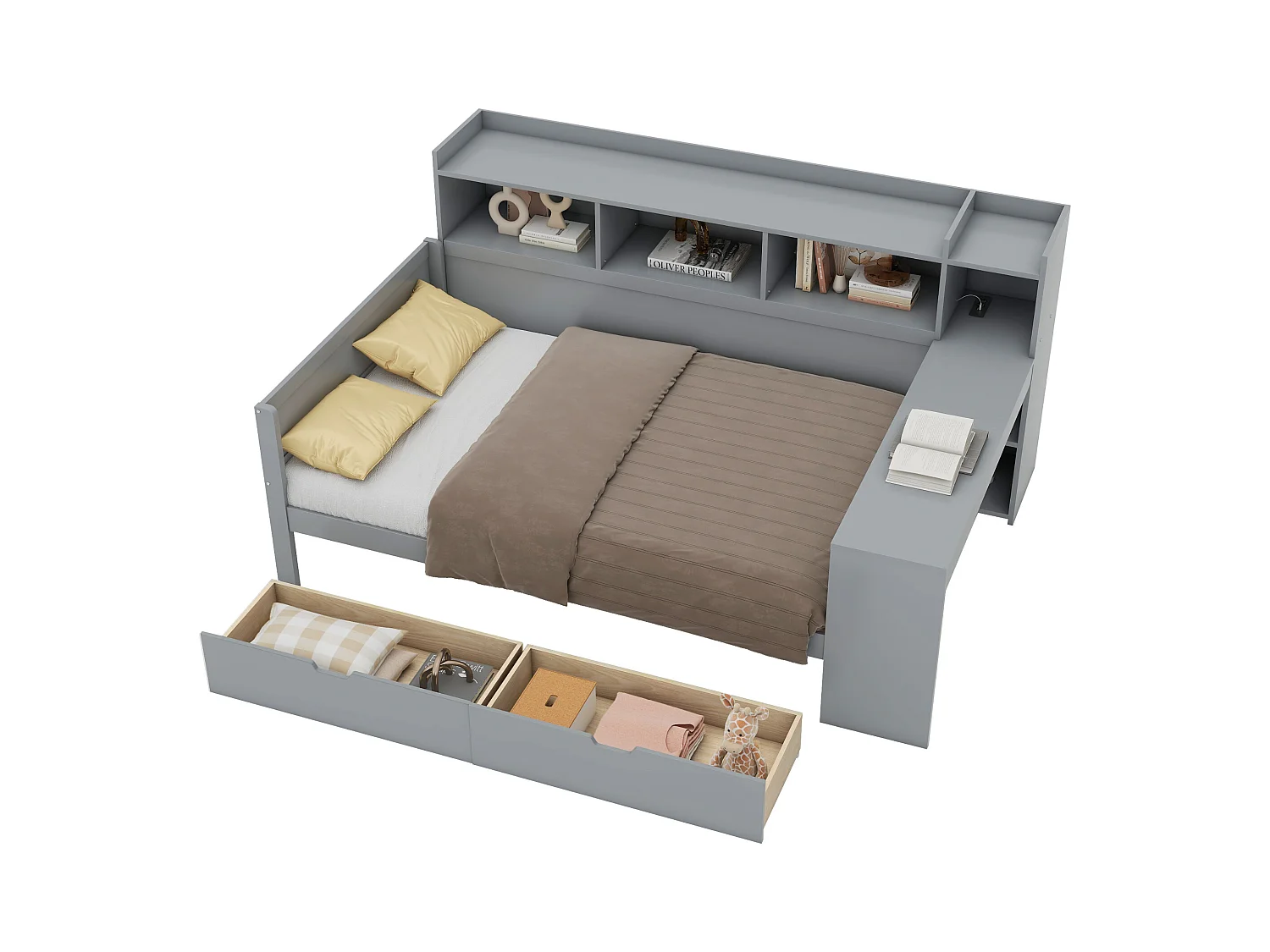 Lit convertible, 90x200 cm, avec table de nuit, prises USB et 2 tiroirs, en aggloméré, gris (229.5x121.8x110 cm)