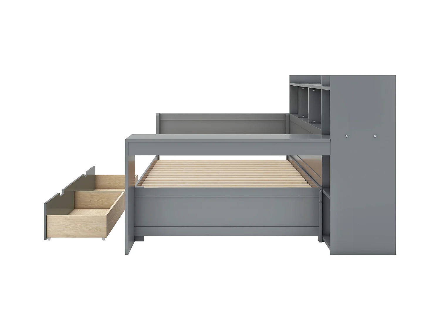 Lit convertible, 90x200 cm, avec table de nuit, prises USB et 2 tiroirs, en aggloméré, gris (229.5x121.8x110 cm)