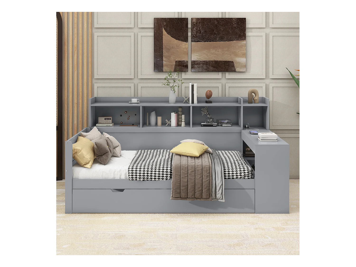 Cama convertible, 90x200 cm, con mesita de noche, tomas USB y 2 cajones, en aglomerado, gris (229,5x121,8x110 cm)