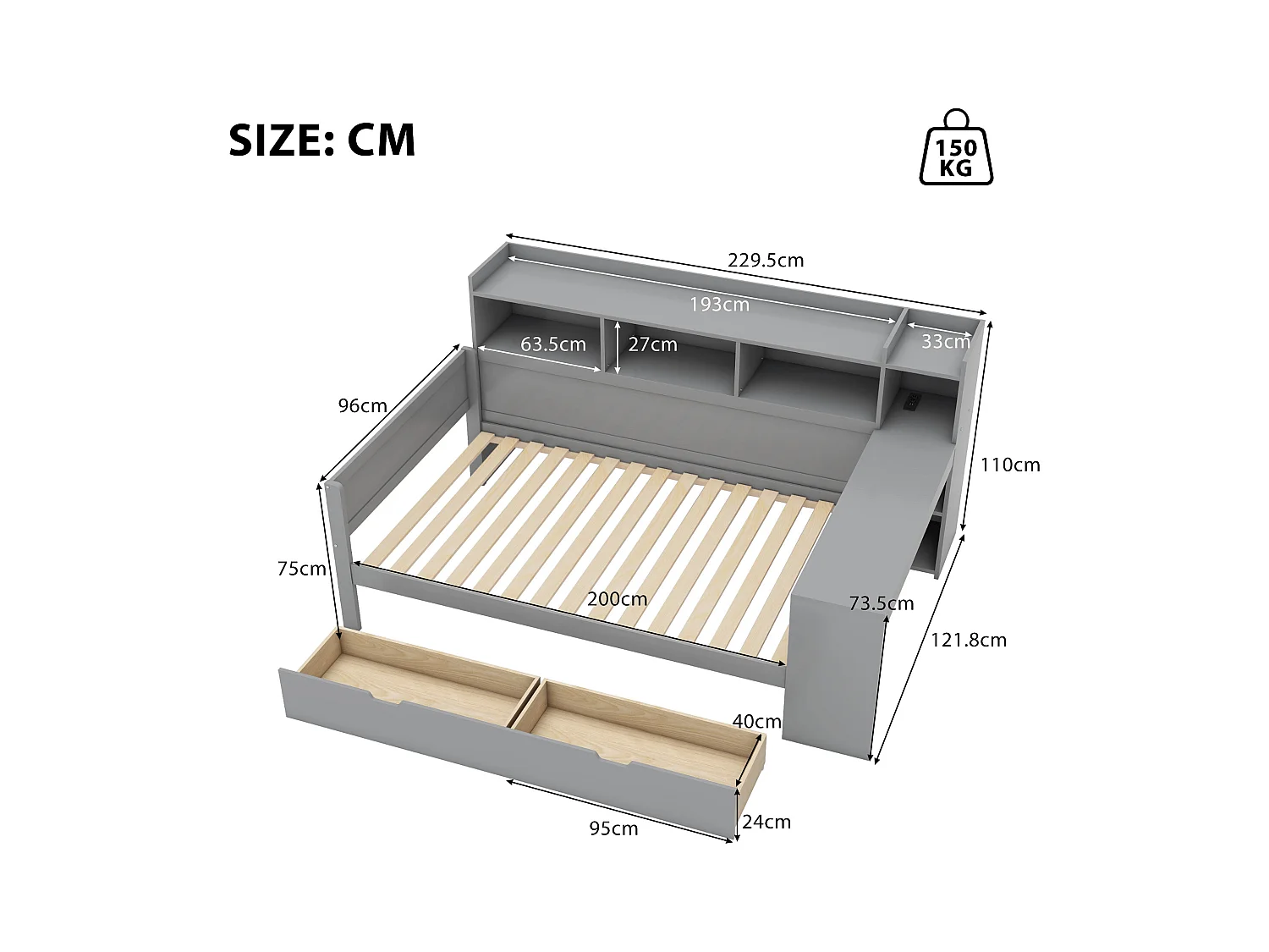 Cama convertible, 90x200 cm, con mesita de noche, tomas USB y 2 cajones, en aglomerado, gris (229,5x121,8x110 cm)