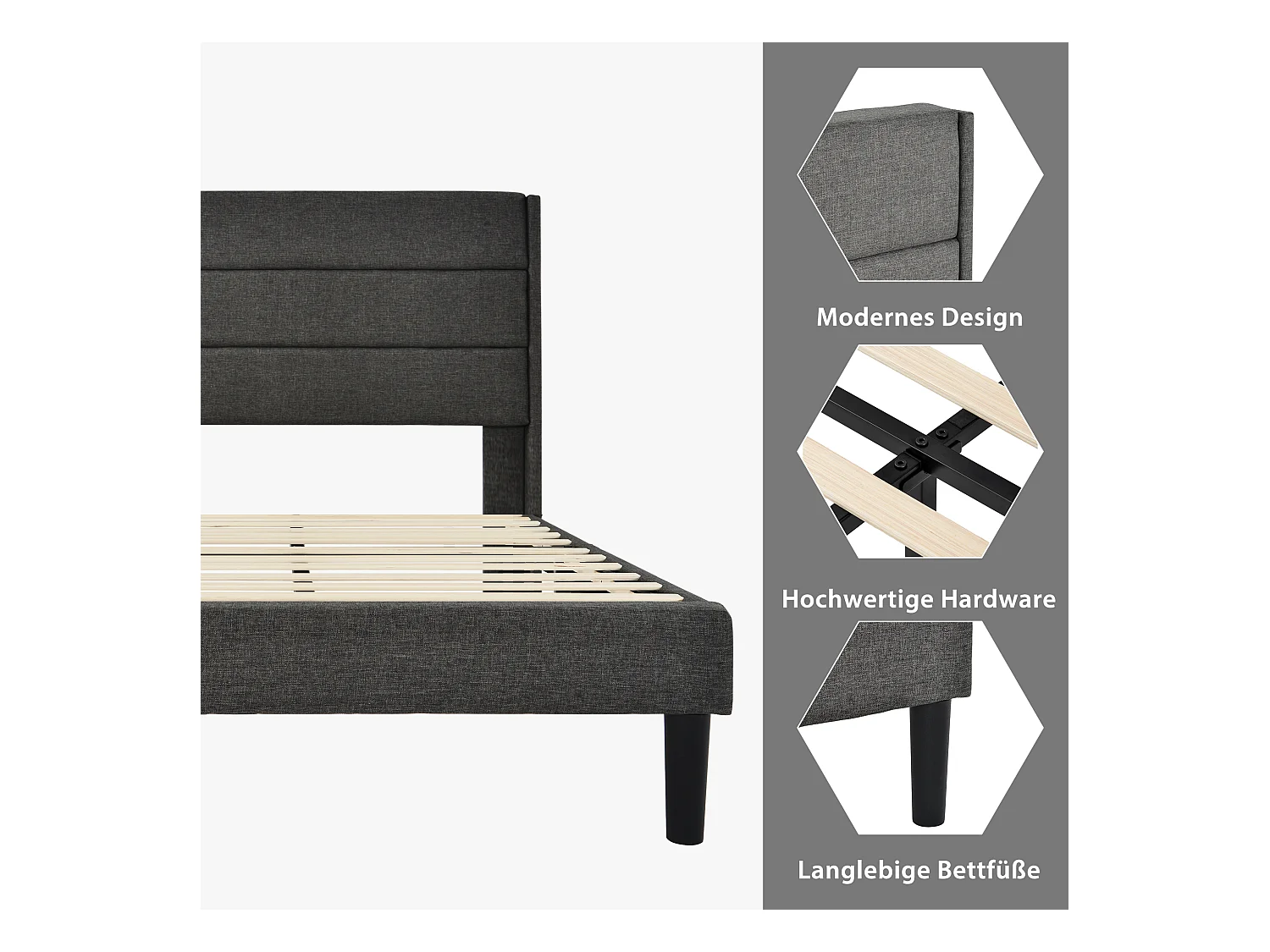 Letto imbottito dal design moderno, testiera imbottita, struttura in lino grigio, 90x200cm (90x200x111cm)