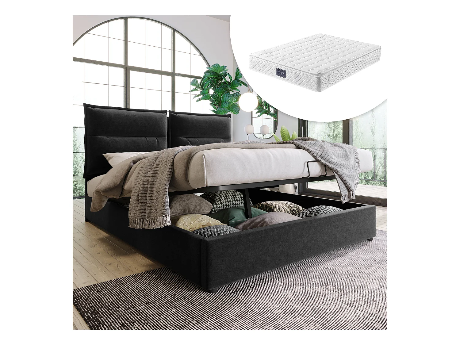 Lit hydraulique avec tête de lit réglable, 140x200 cm, lit capitonné avec 2 tiroirs de rangement, structure en métal et sommier en bois, velours gris (avec matelas)