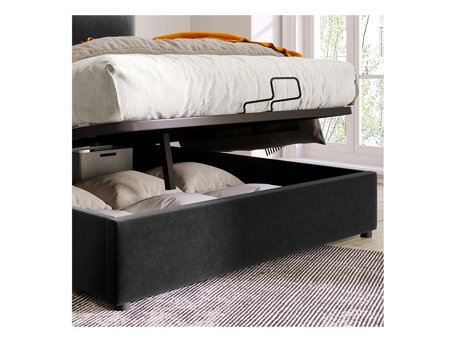 Lit hydraulique avec tête de lit réglable, 140x200 cm, lit capitonné avec 2 tiroirs de rangement, structure en métal et sommier en bois, velours gris (avec matelas)