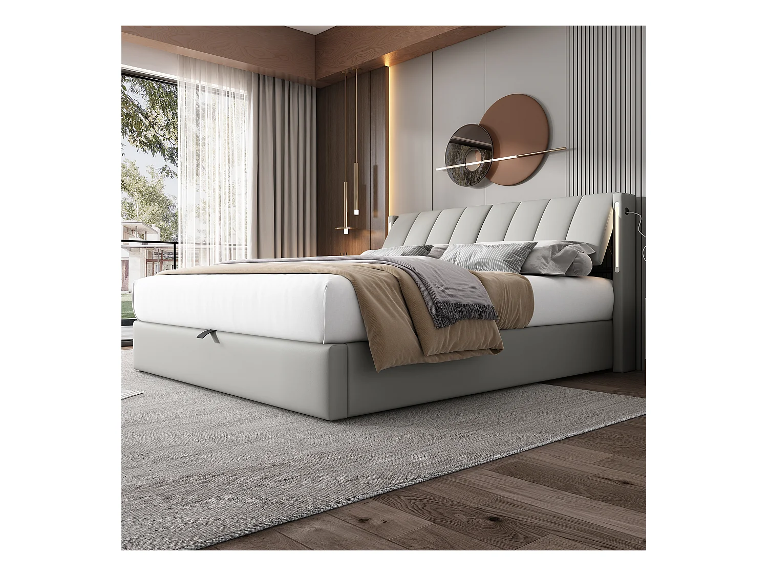 Binaural LED-bed 140x200 cm met verstelbaar hoofdeinde, USB-oplaadbaar, LED-verlichting, opbergruimte, hydraulisch, grijs PU (140x200x103 cm) ### Productdetails: