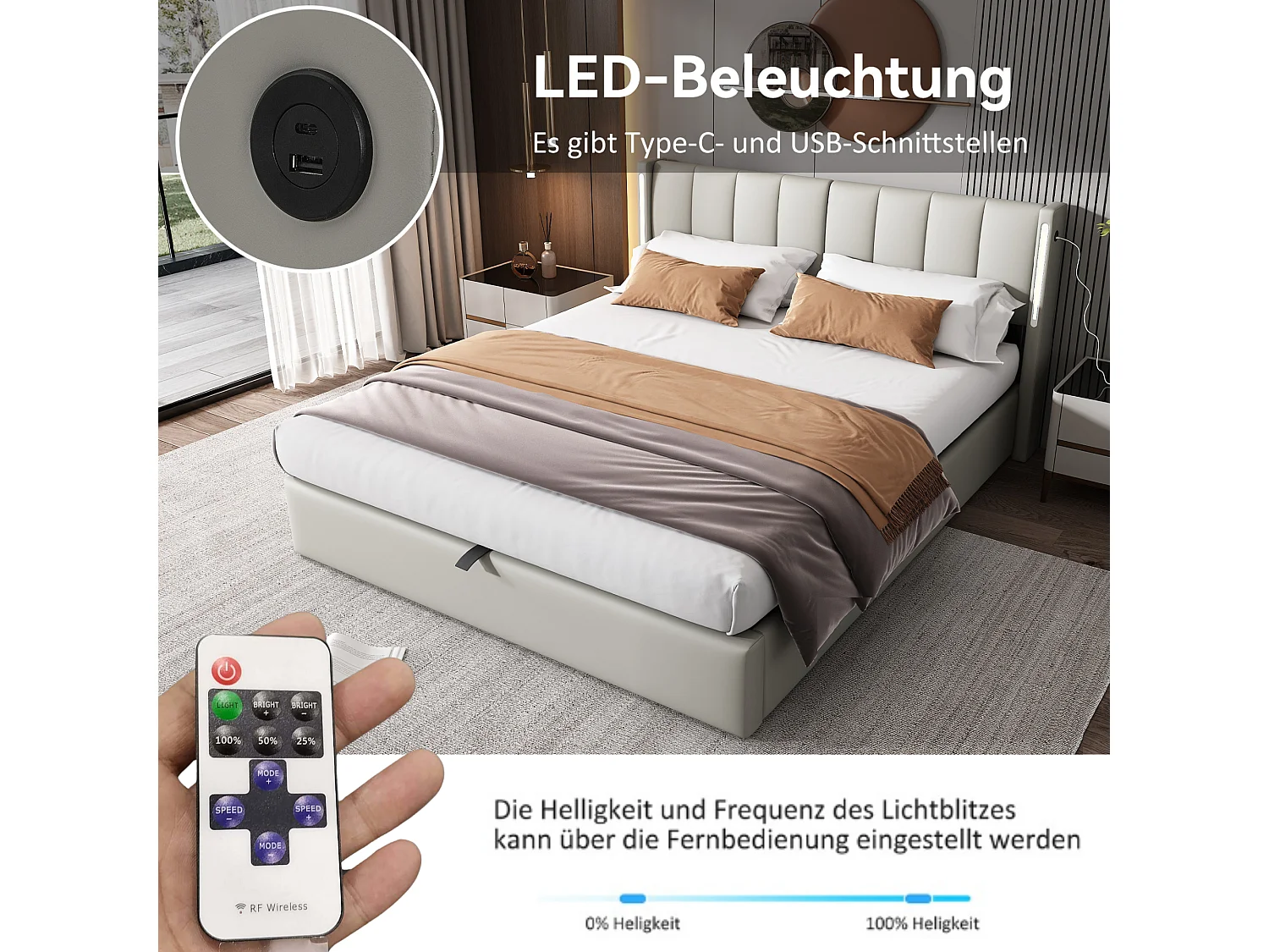 Binaural LED-bed 140x200 cm met verstelbaar hoofdeinde, USB-oplaadbaar, LED-verlichting, opbergruimte, hydraulisch, grijs PU (140x200x103 cm) ### Productdetails:
