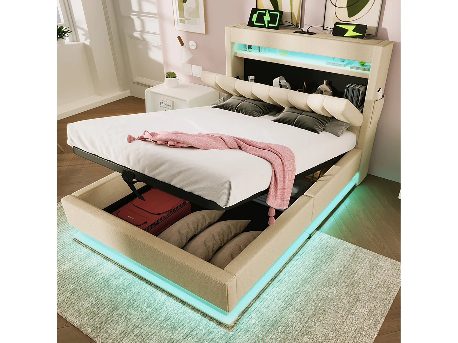 Lit 90x200 cm avec tête de lit de rangement, ports USB et Type-C, éclairage LED, avec stockage hydraulique, en lin gris (218x92x112 cm)