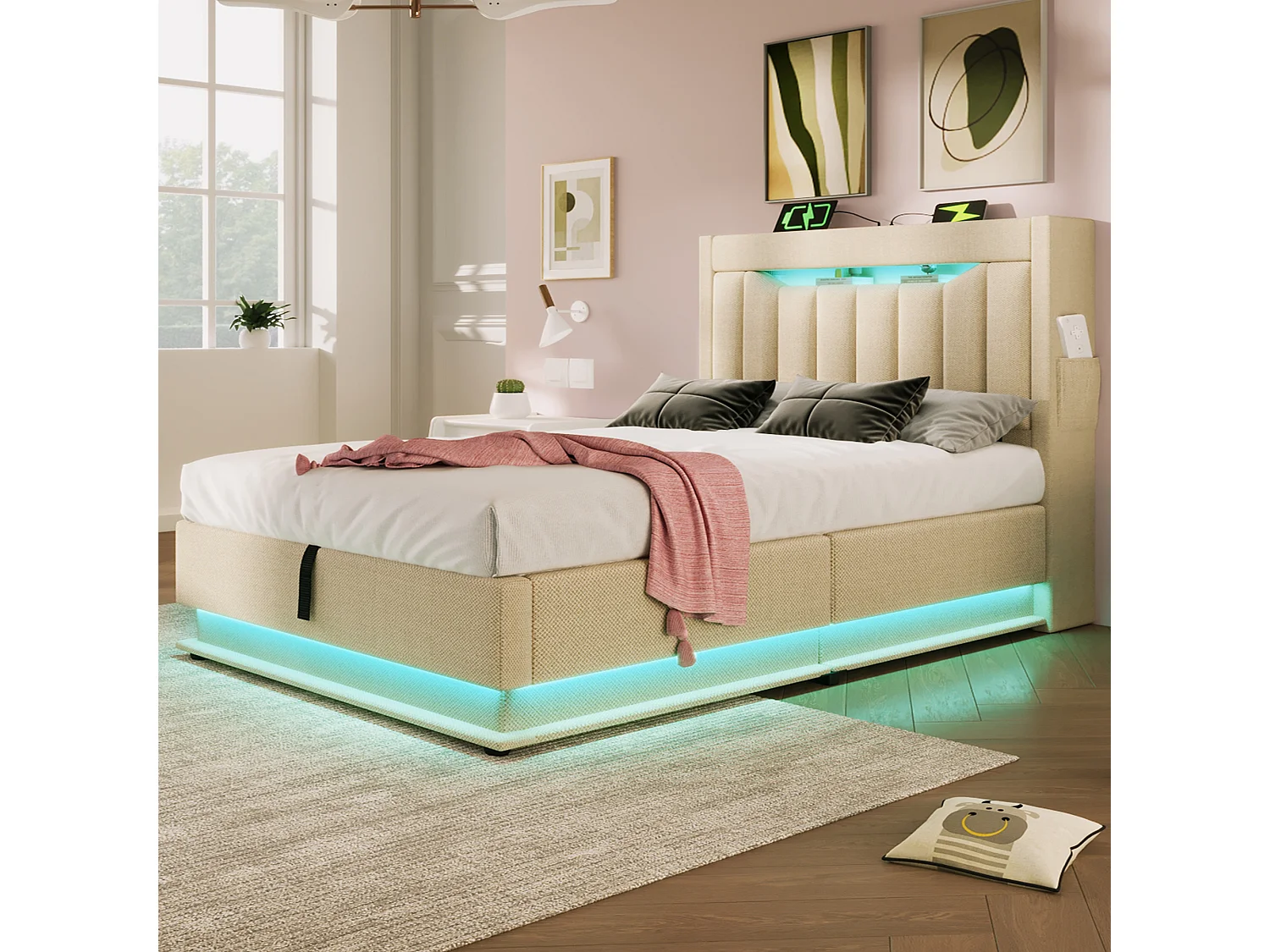 Lit 90x200 cm avec tête de lit de rangement, ports USB et Type-C, éclairage LED, avec stockage hydraulique, en lin gris (218x92x112 cm)