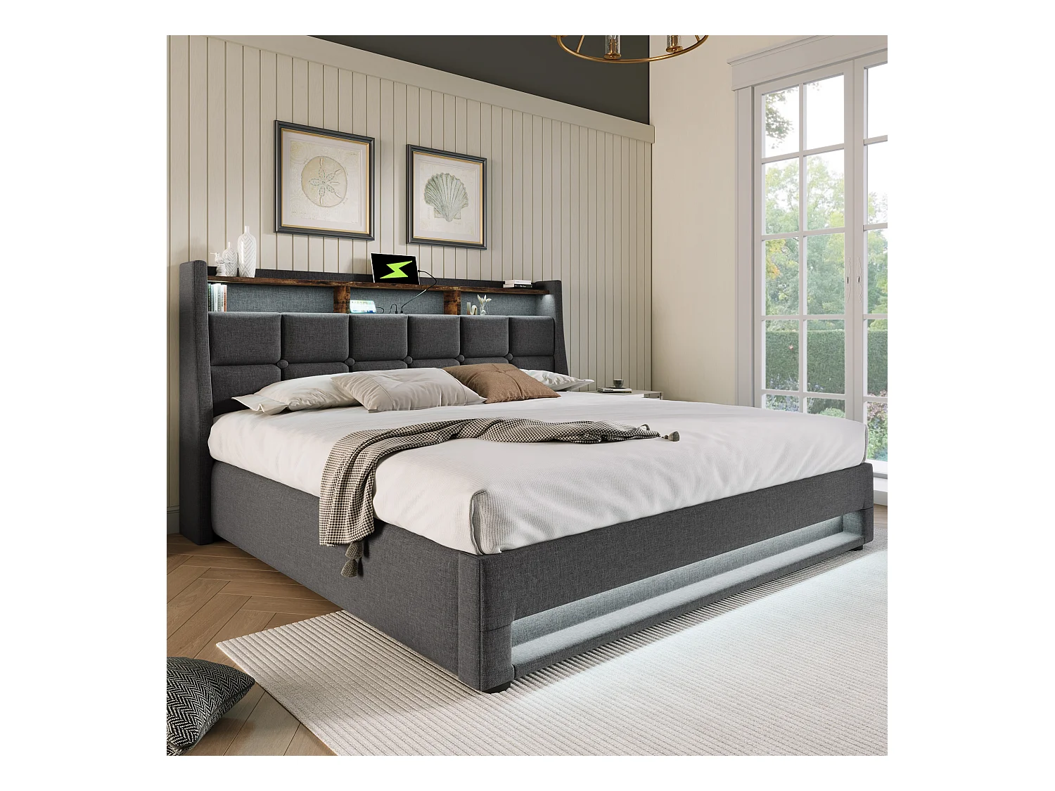 Lit double LED avec USB, cadre lin gris, sommier métal, design vintage (165x210x117cm)