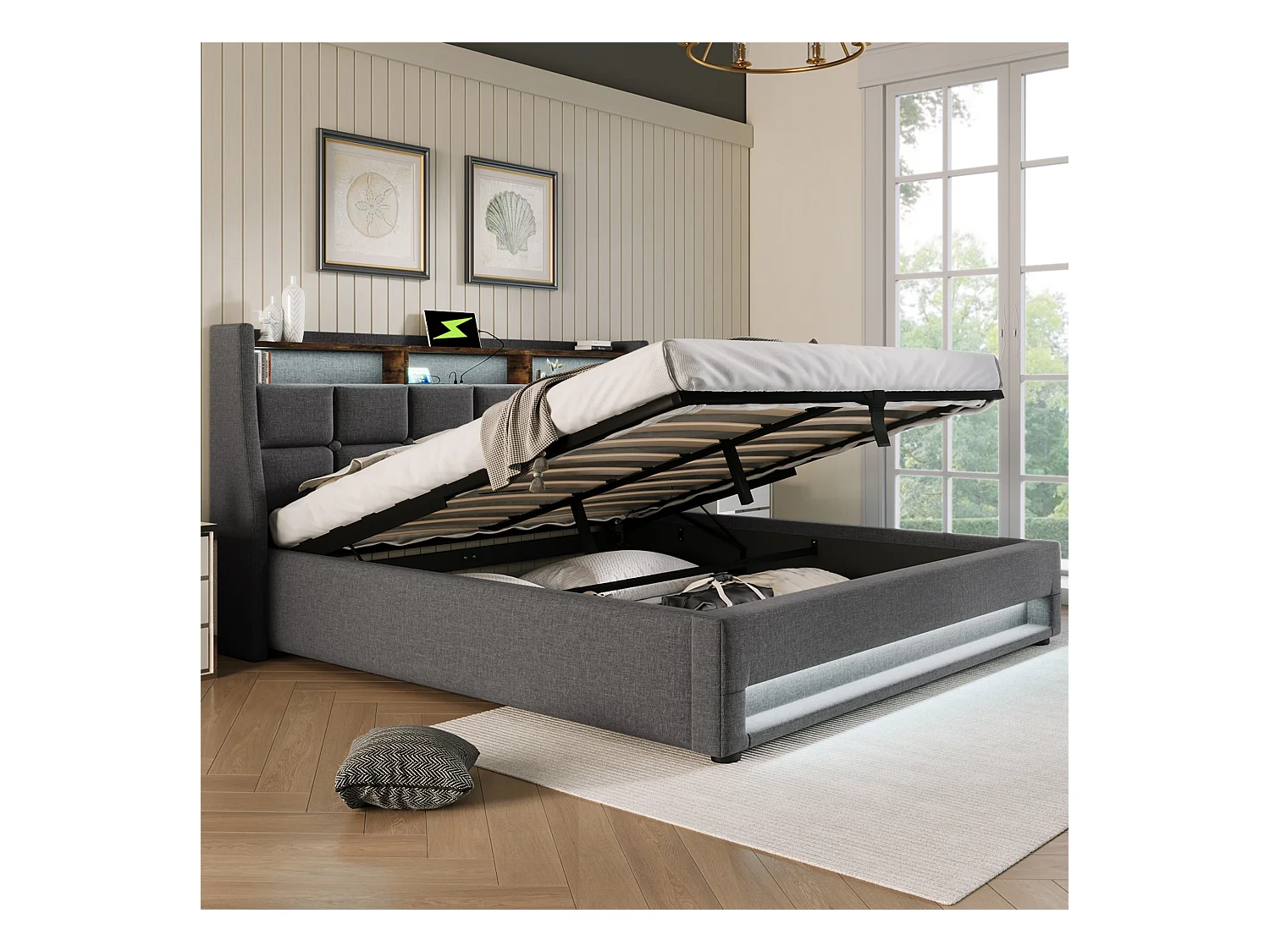 Lit double LED avec USB, cadre lin gris, sommier métal, design vintage (165x210x117cm)