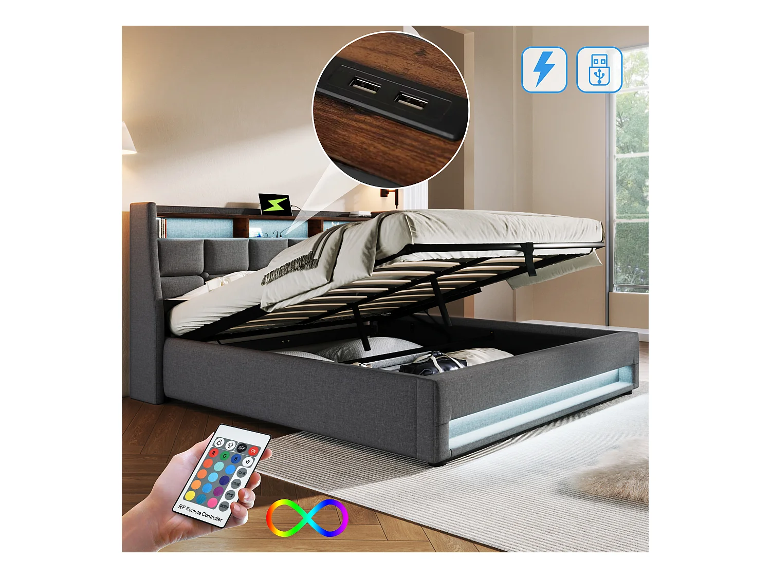 Lit double LED avec USB, cadre lin gris, sommier métal, design vintage (165x210x117cm)