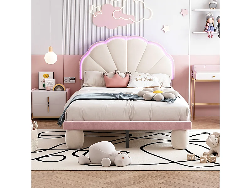 Lit avec LED multicolores, tête de lit sculptée, pieds ronds rembourrés, velours, beige+rose, 90x200 cm