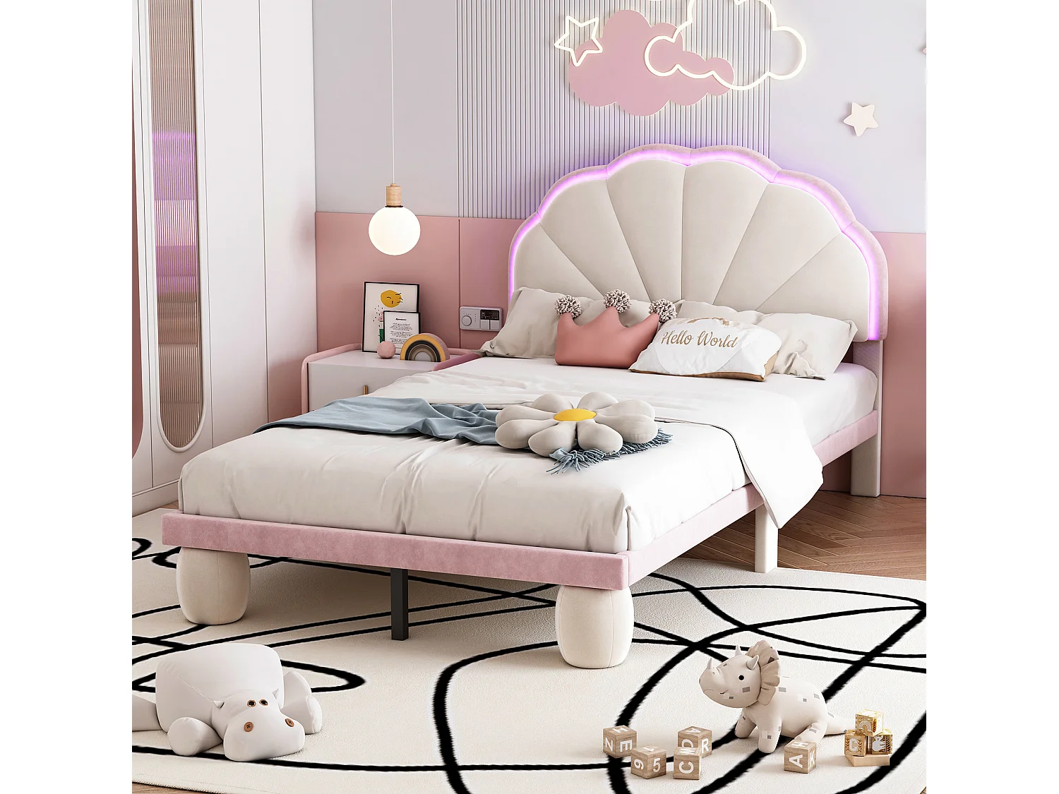 Lit avec LED multicolores, tête de lit sculptée, pieds ronds rembourrés, velours, beige+rose, 90x200 cm