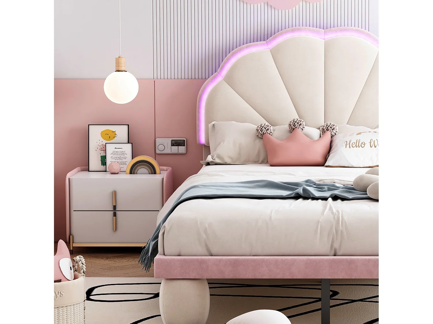 Lit avec LED multicolores, tête de lit sculptée, pieds ronds rembourrés, velours, beige+rose, 90x200 cm