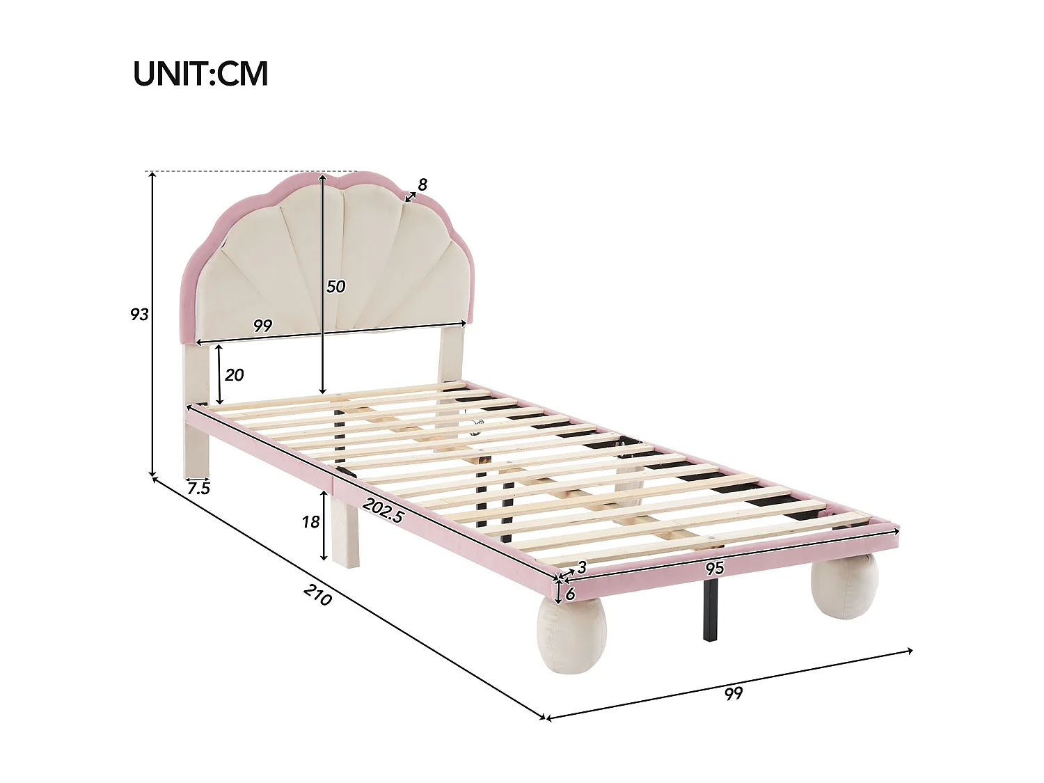 Lit avec LED multicolores, tête de lit sculptée, pieds ronds rembourrés, velours, beige+rose, 90x200 cm