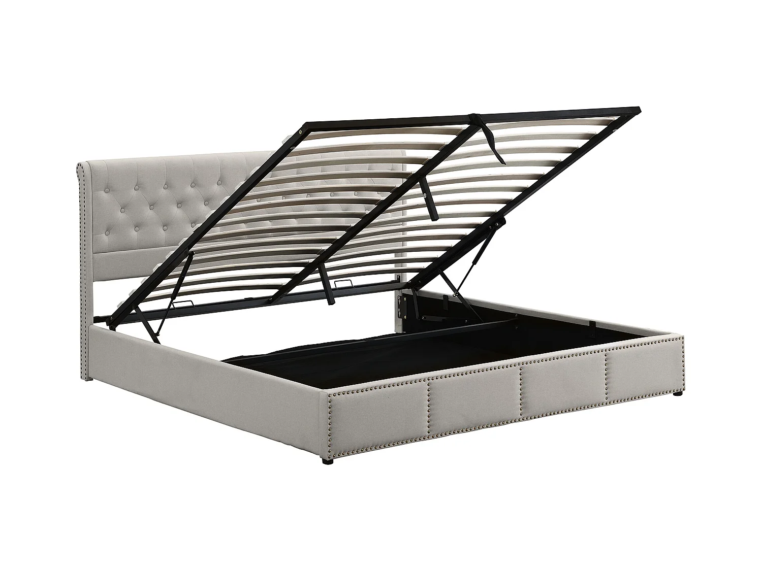 Lit capitonné en lin-coton, avec sommier et tête de lit, espace de rangement avec hydropompe, clous décoratifs, 180x200 cm, gris clair (sans matelas)