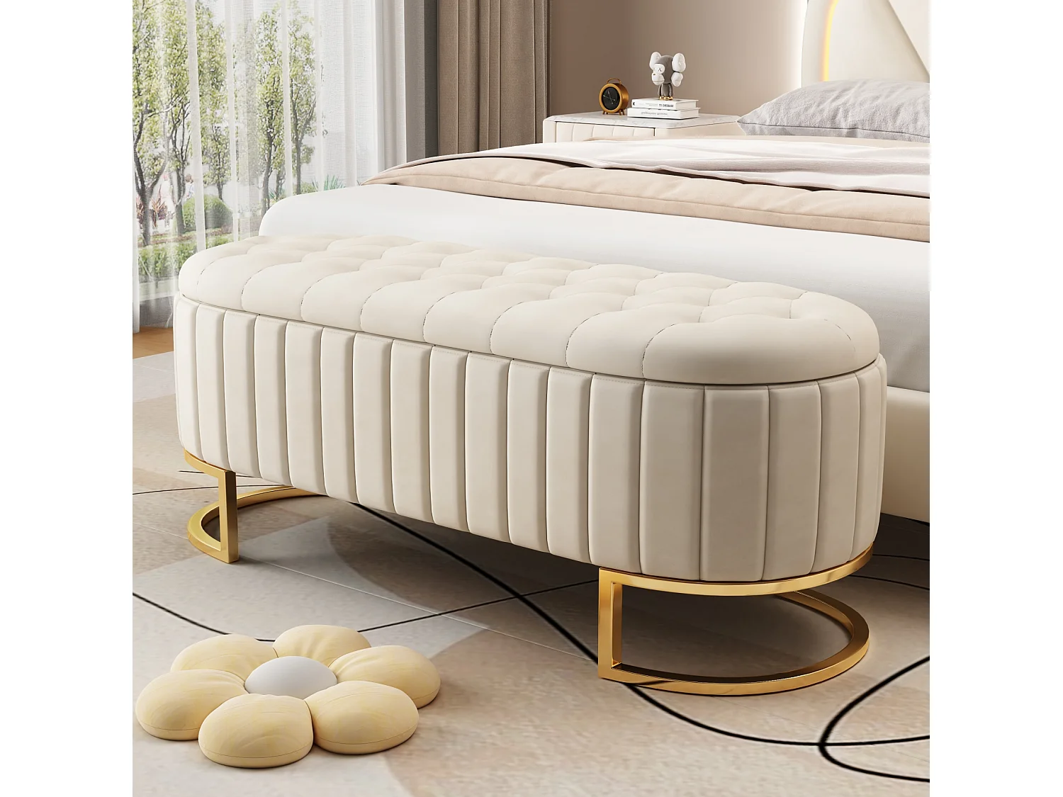 Pouf contenitore e panca con funzione letto, 120x40 cm, panca imbottita con vano contenitore, tessuto in velluto beige (120x39,9x41,9 cm)