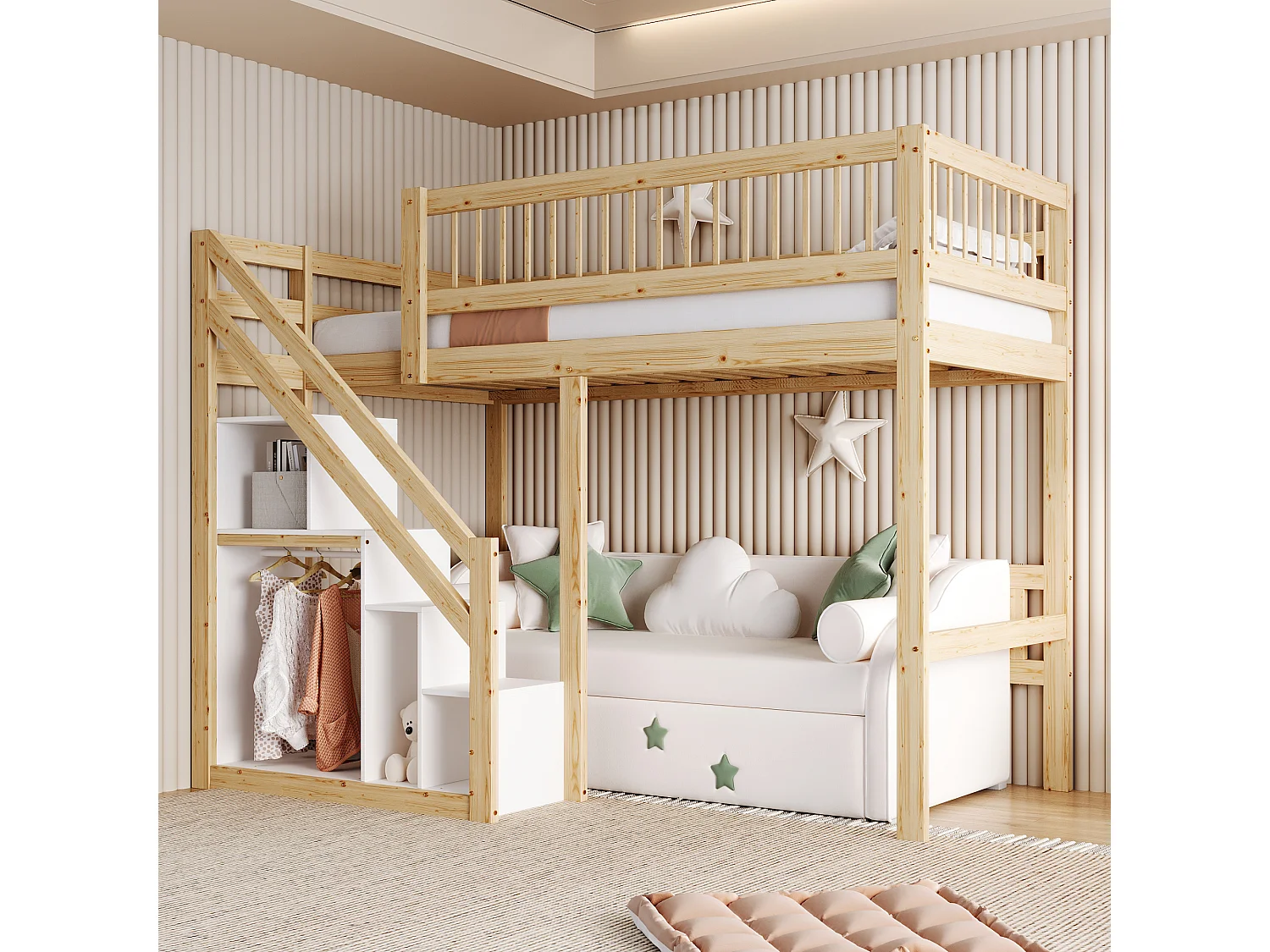 Kinderbed 90x200 cm met opbergruimte, ladder met vakken, massief houten frame, natuurlijke kleur (205x133,5x173 cm)