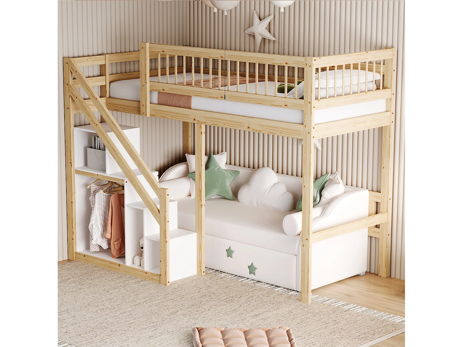 Kinderbed 90x200 cm met opbergruimte, ladder met vakken, massief houten frame, natuurlijke kleur (205x133,5x173 cm)