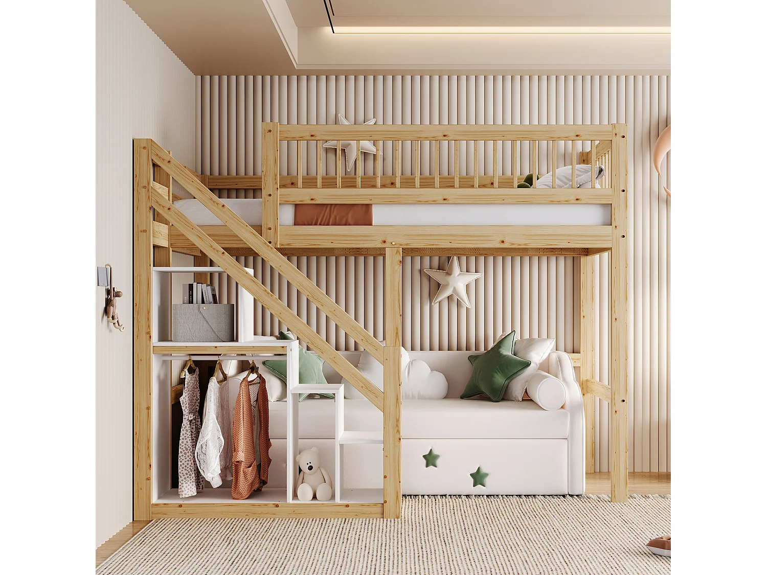 Kinderbed 90x200 cm met opbergruimte, ladder met vakken, massief houten frame, natuurlijke kleur (205x133,5x173 cm)