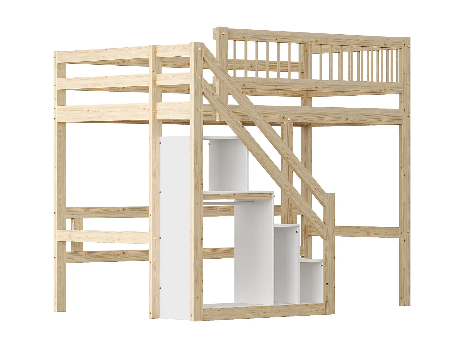 Kinderbed 90x200 cm met opbergruimte, ladder met vakken, massief houten frame, natuurlijke kleur (205x133,5x173 cm)