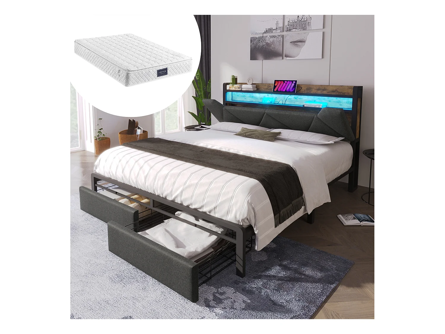 Lit double avec USB Type-C, tête de lit avec rangement, LED, lin, gris (161x217x110cm)