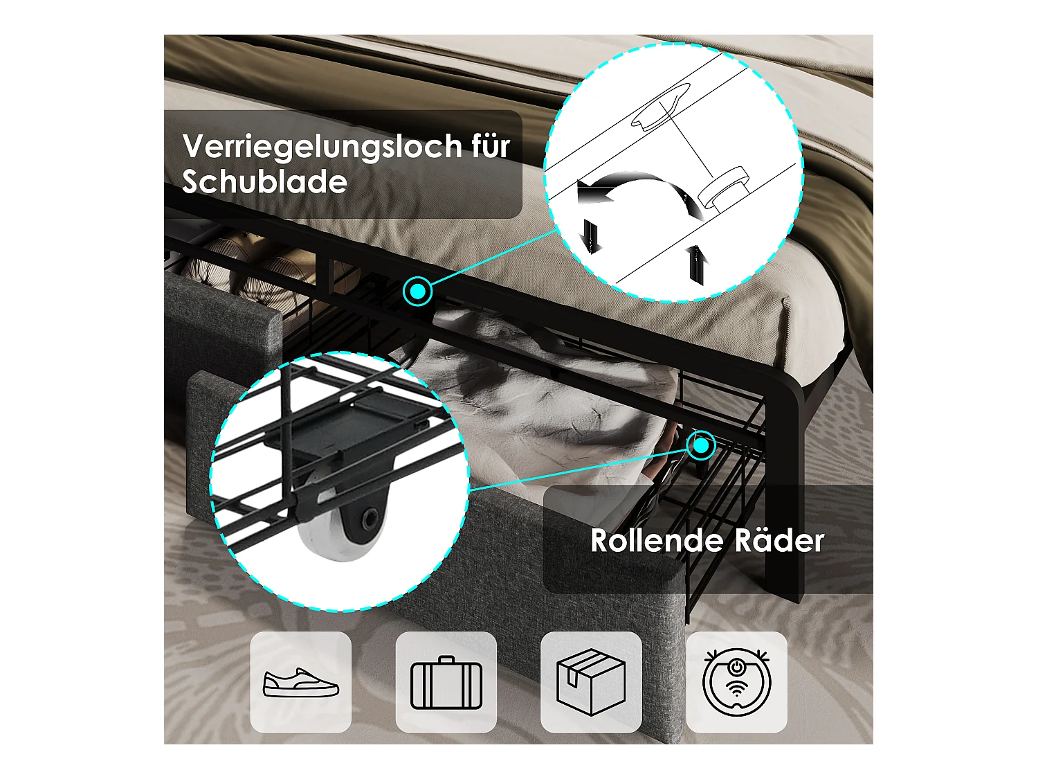 Lit double avec USB Type-C, tête de lit avec rangement, LED, lin, gris (161x217x110cm)