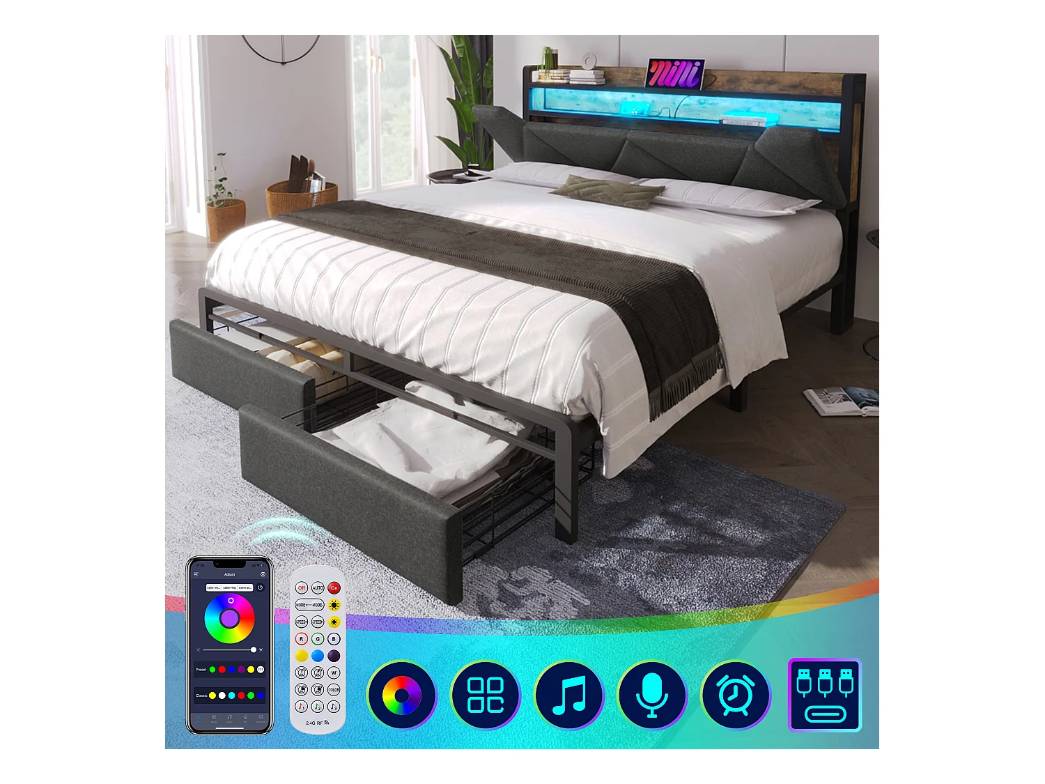 Lit double avec USB Type-C, tête de lit avec rangement, LED, lin, gris (161x217x110cm)