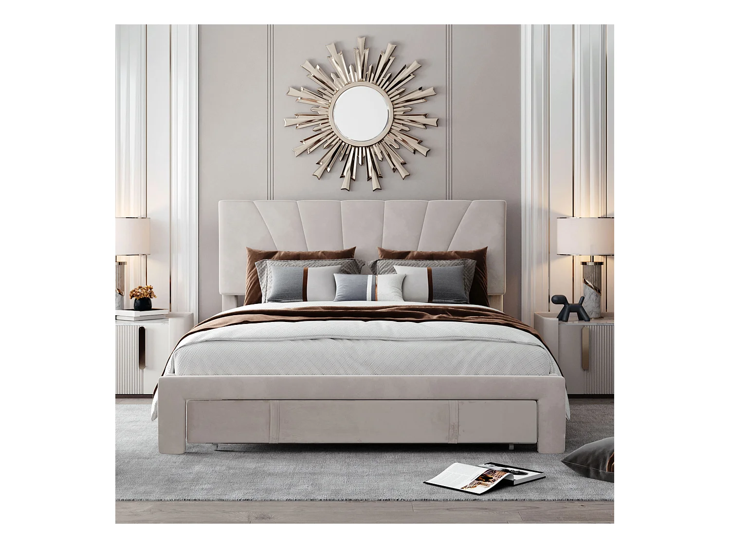 Letto 140x200cm con cassetto contenitore, rete a doghe, testiera regolabile, morbido velluto beige (208x145x106cm)