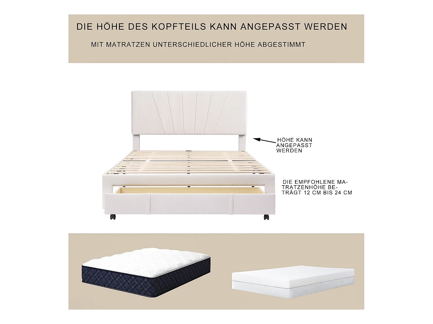 Letto 140x200cm con cassetto contenitore, rete a doghe, testiera regolabile, morbido velluto beige (208x145x106cm)