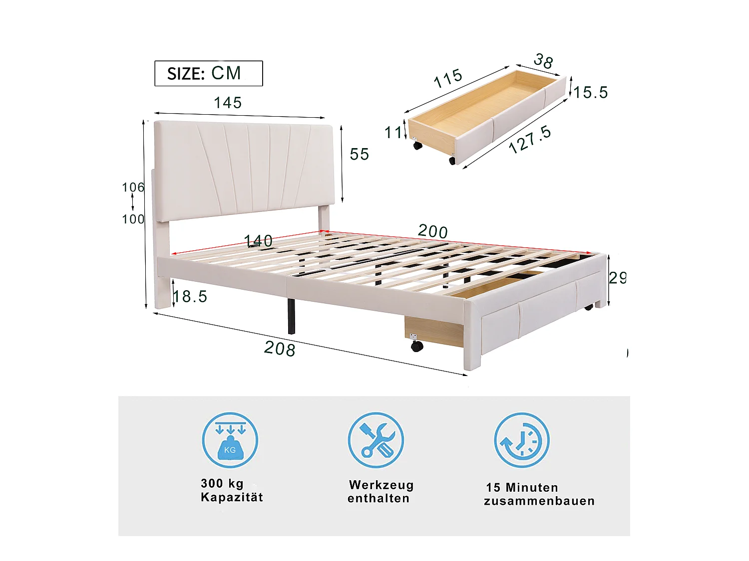 Letto 140x200cm con cassetto contenitore, rete a doghe, testiera regolabile, morbido velluto beige (208x145x106cm)