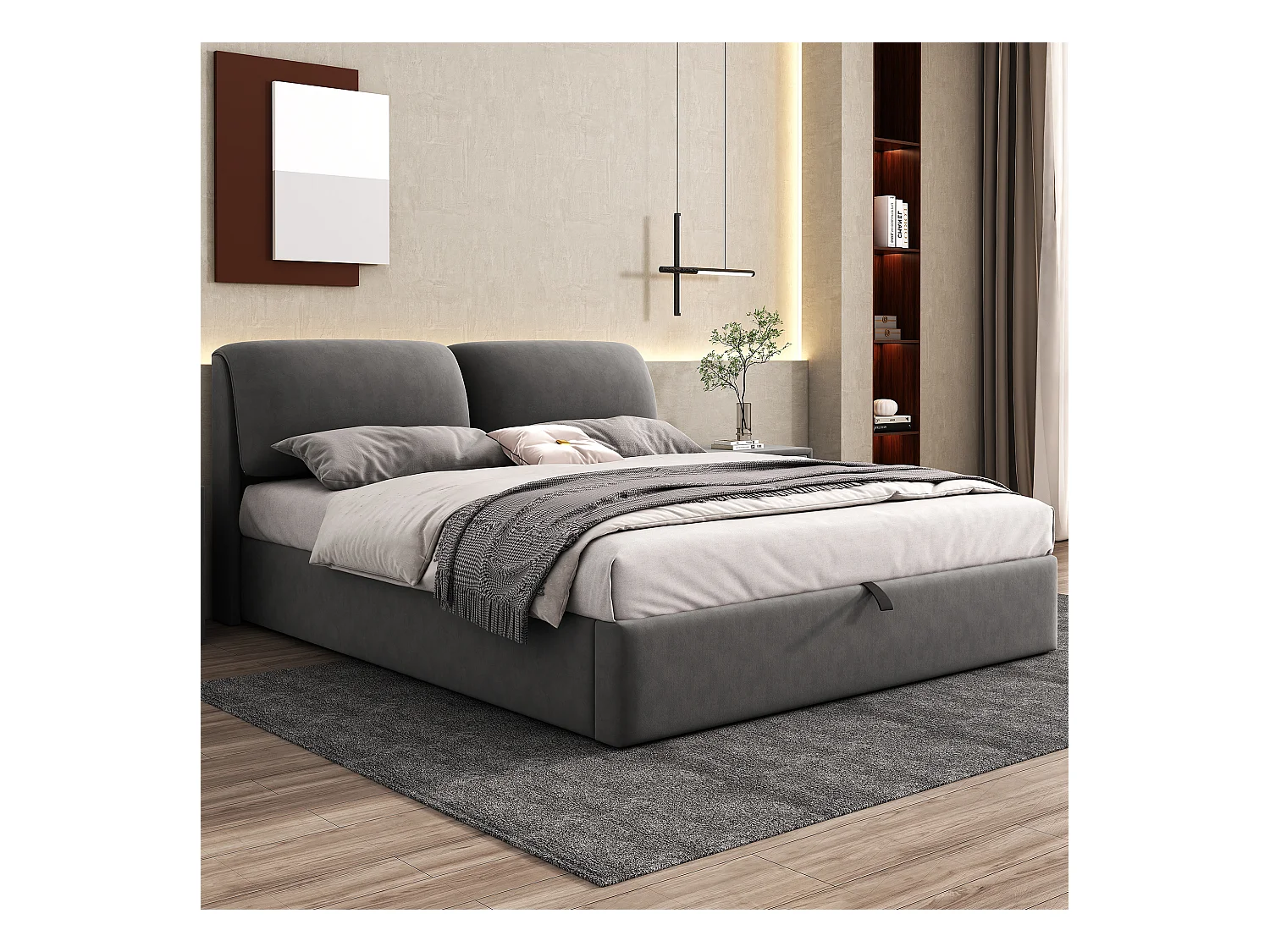 Gestoffeerd bed met opbergruimte, 180x200 cm, hydraulisch, drie laden, grijze fluwelen stof (197x31x13 cm)