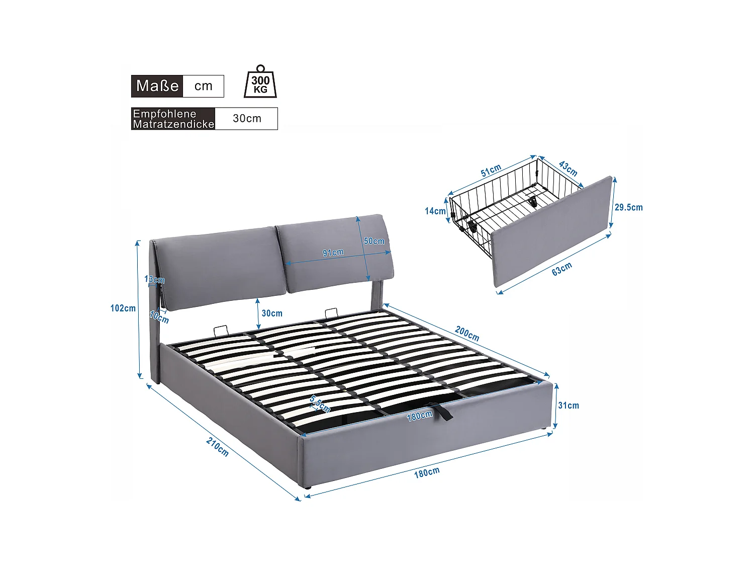 Gestoffeerd bed met opbergruimte, 180x200 cm, hydraulisch, drie laden, grijze fluwelen stof (197x31x13 cm)