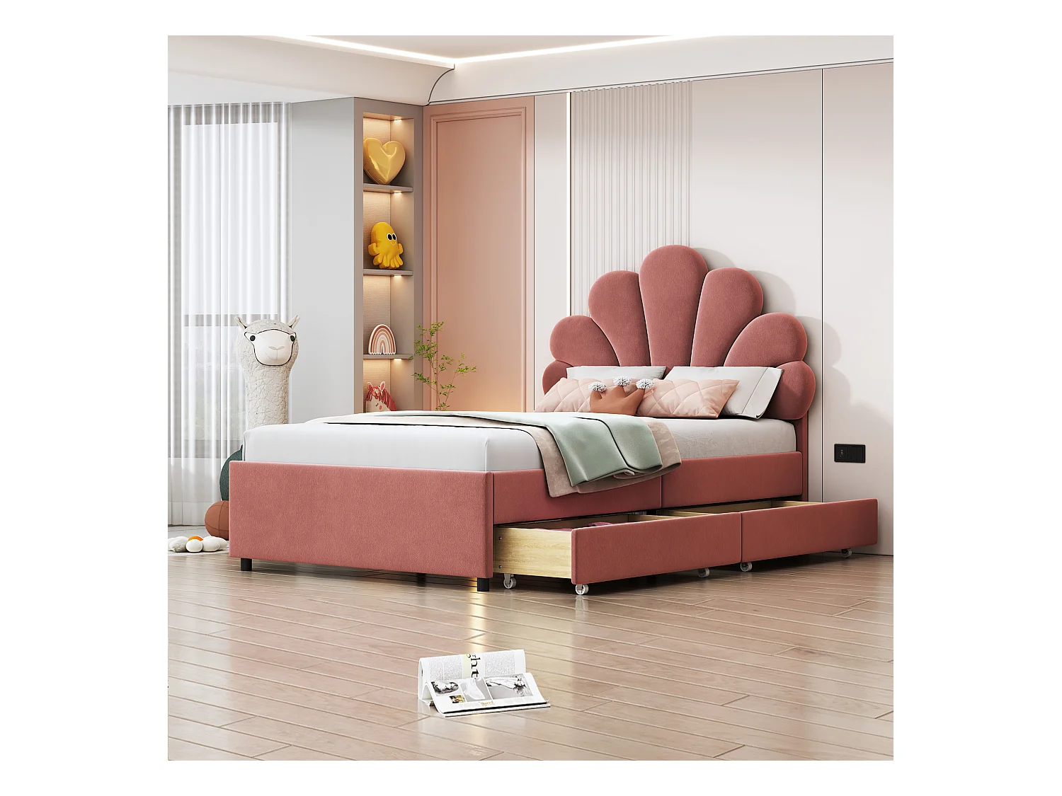 Letto 90x200 cm con testiera floreale e 2 cassetti contenitore, struttura in velluto rosa, materasso non incluso (203x90x116 cm)