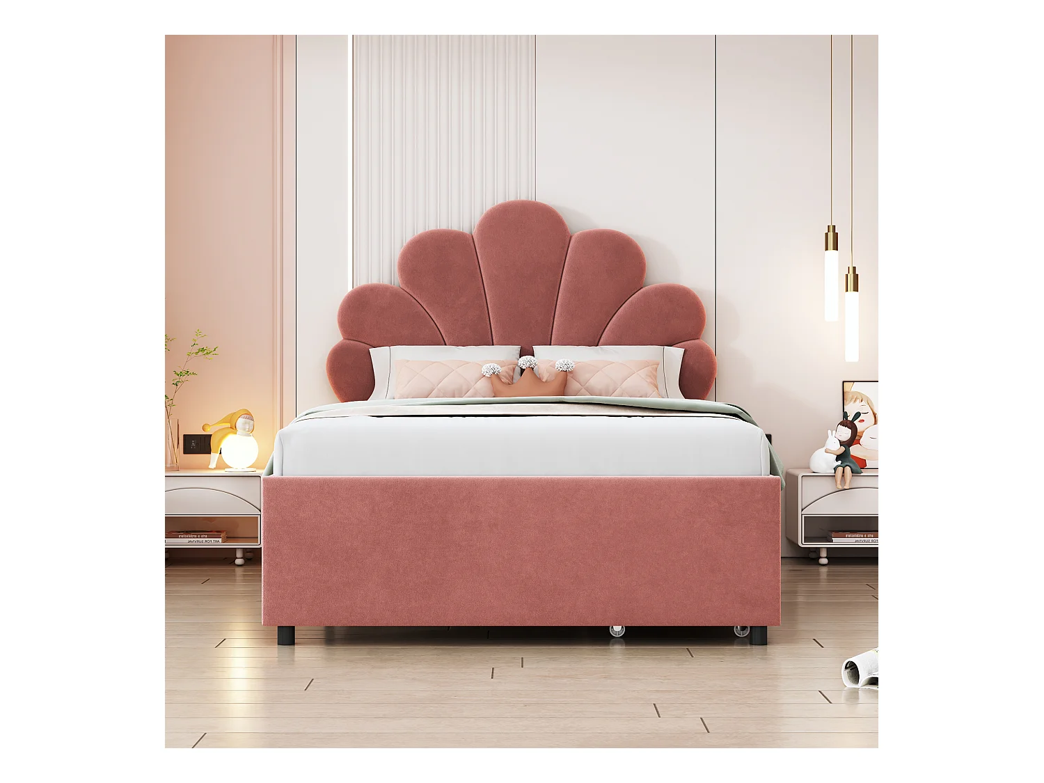 Letto 90x200 cm con testiera floreale e 2 cassetti contenitore, struttura in velluto rosa, materasso non incluso (203x90x116 cm)