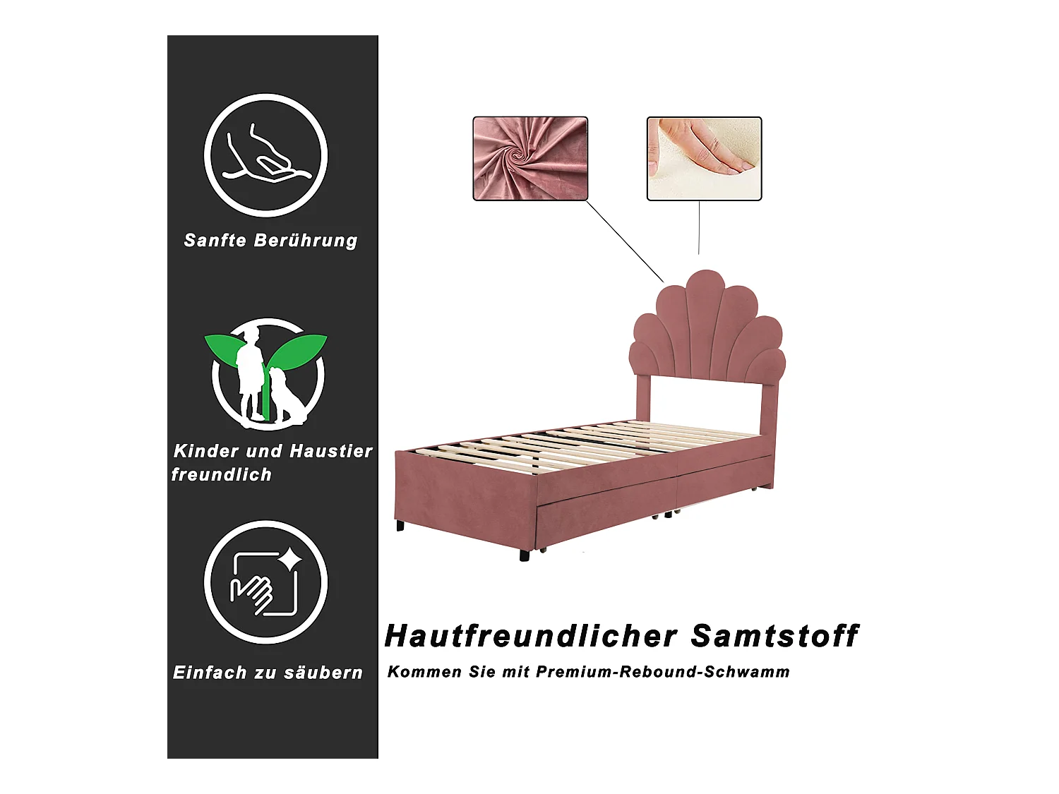 Letto 90x200 cm con testiera floreale e 2 cassetti contenitore, struttura in velluto rosa, materasso non incluso (203x90x116 cm)