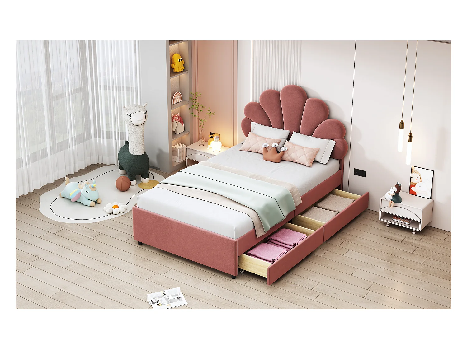 Letto 90x200 cm con testiera floreale e 2 cassetti contenitore, struttura in velluto rosa, materasso non incluso (203x90x116 cm)