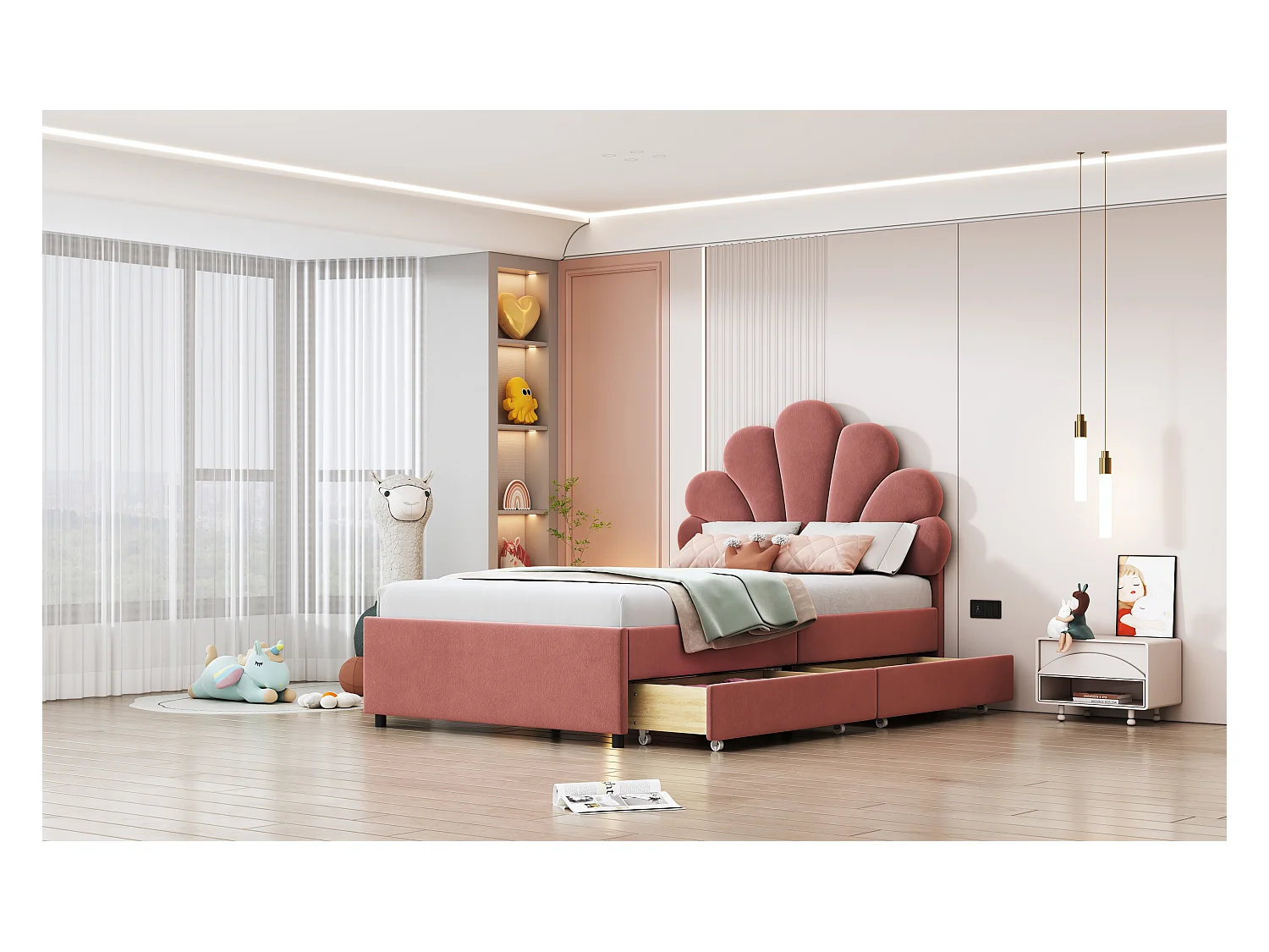 Letto 90x200 cm con testiera floreale e 2 cassetti contenitore, struttura in velluto rosa, materasso non incluso (203x90x116 cm)