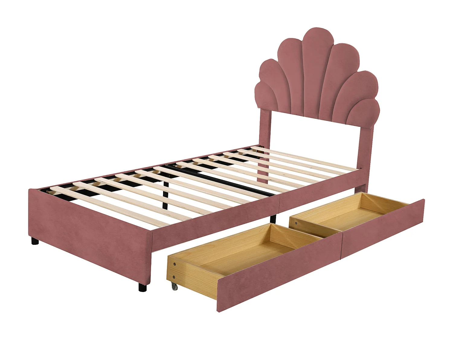 Lit 90x200 cm avec tête de lit fleurie et 2 tiroirs de rangement, cadre en velours rose, matelas non inclus (203x90x116 cm)