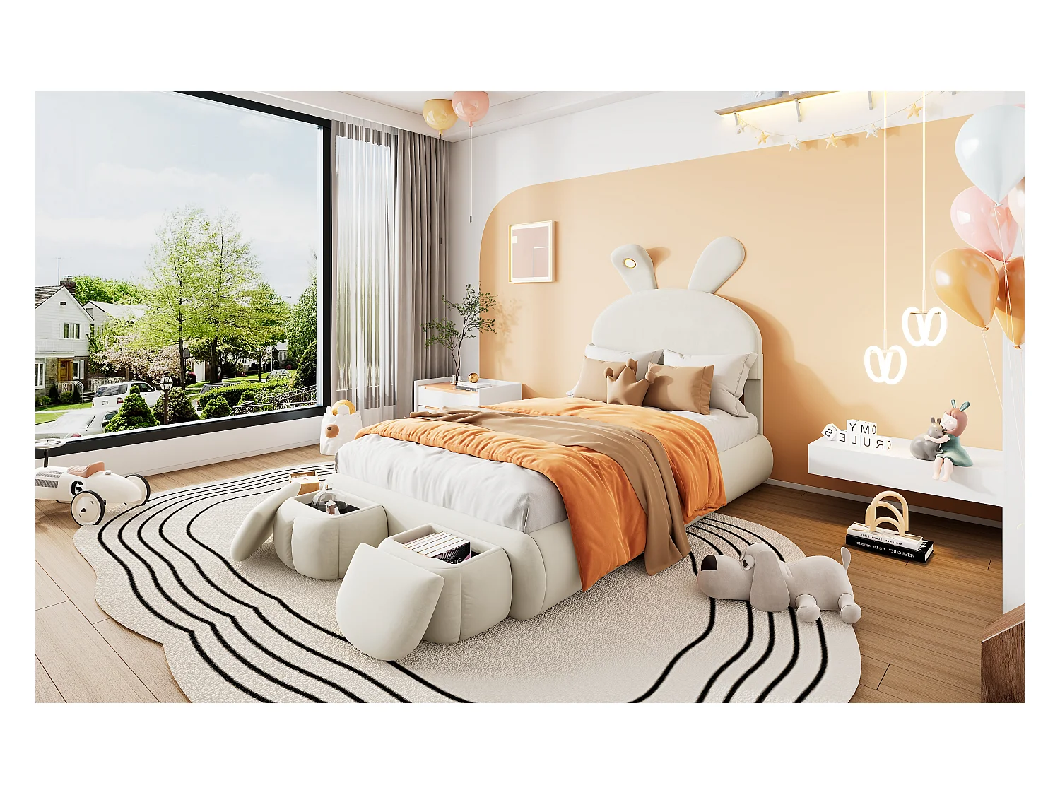 Lit capitonné en velours rose, design oreilles de lapin, avec éclairage LED réglable et rangement, 90x200 cm (237x104x135 cm)